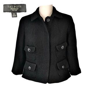 TALBOTS Wool Blend Black Tweed 3/4 Sleeve
Front Pocket Button Down Jacket NWT
